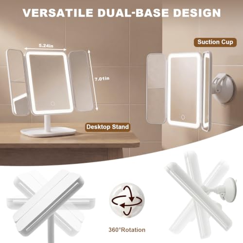 Rechargeable Trifold Makeup Mirror with Lights & Suction - 3X/2X/1X Magnification, 360° Rotation, Portable Vanity for Travel & Bedroom