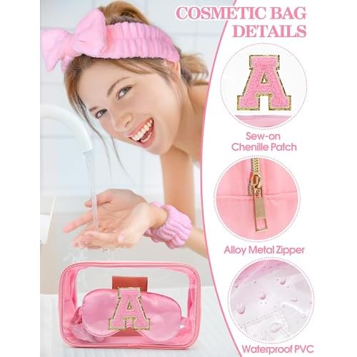 Gift Sets for Women, Initial Makeup Bag with Makeup Brush Set Bachelorette Party Favors, Pink Spa Kit with Skincare Headbands Wrist Bands Sleepover Party Supplies Gifts for Teen Girls Bridesmaid A