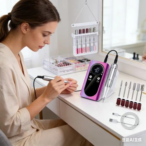Nail Drill, Wireless Electric Rechargeable Manicure Machine, Suitable for Removing Gel Nails. Professional Manicure polishing kit, Suitable for use in Salons and at Home. Purple Color