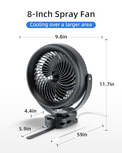Black Portable Misting Fan with Clip 20000mAh Battery for Golf, Camping