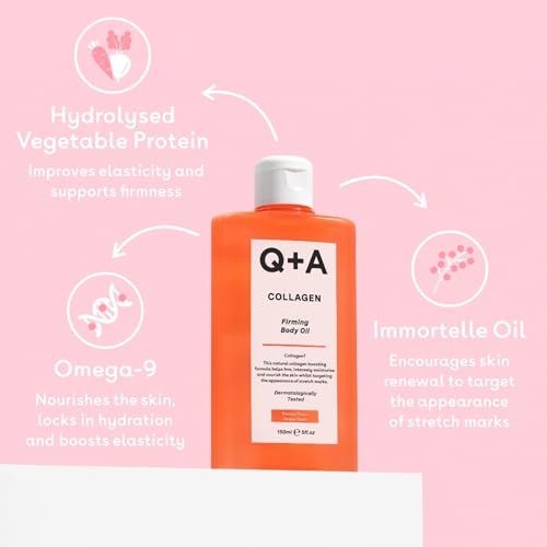Q+A Collagen Body Oil (150ml), Nourishing Body Moisturizer with Vegetable Collagen, Immortelle Oil and Omega-9, Supports Firmness, Boosts Elasticity and Targets Stretch Marks, Vegan and Cruelty Free