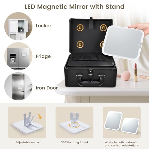 Makeup Case with Lighted Vanity Mirror, Makeup Organizer Box Travel Make up Case with LED Mirror Portable Cosmetic Train Case for Countertop Lockable Makeup Suitcase with Adjustable Dividers