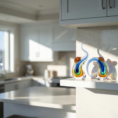 Murano Glass Elephant Statues Set - Hand Blown Blue Art Sculpture for Home & Office Decor