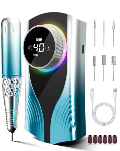 Professional Electric Nail Drill 45000RPM with 3600mAh Battery & Digital Display - Portable Manicure Kit Blue