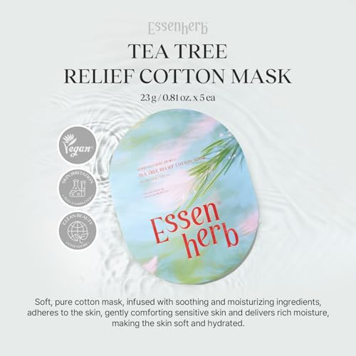 Tea Tree Relief Cotton Mask, Soothing & Hydrating, Vegan, Korean Skin Care Face Mask 23g*5sheets
