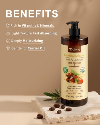 32 Fl Oz Organic Jojoba Oil - Unrefined, Cold Pressed Carrier Oil for Skin Hair Nails