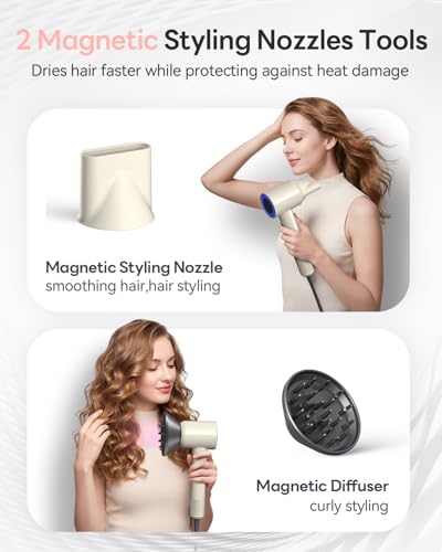 Ionic Hair Dryer with Diffuser & Nozzles - Fast Drying & Smart Heat Control (Milktea, 2 Nozzles)