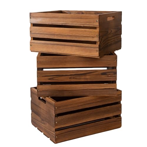 Set of 3 Rustic Wooden Storage Crates with Handles - Dark Brown Farmhouse Decor