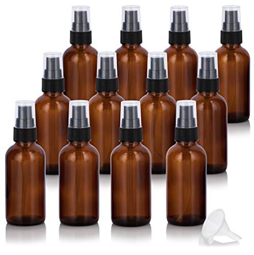 Refillable 2oz Amber Glass Boston Round Bottle with Pump – Travel Storage Containers (12 Pack)