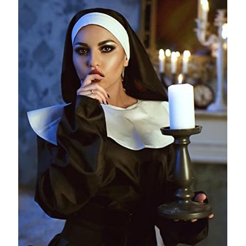 Saturey Halloween Nun Costume Accessories Set, with Nun Temporary Rhinestone Temporary Face Tattoo for Halloween Festival Rave Party Outfit for Halloween Cosplay Party, black, M