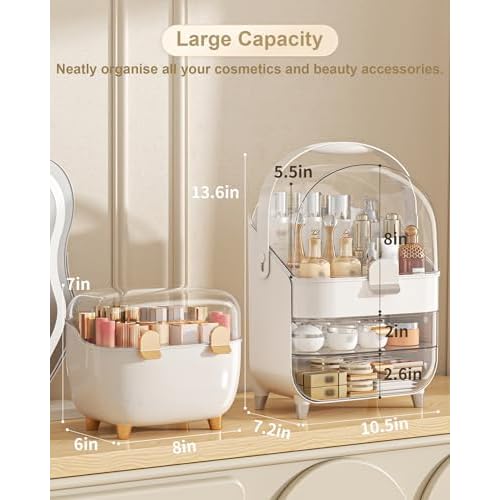 Makeup Organizer with Lipstick Holder, Skincare Organizers Storage Box Cosmetic Display Cases, Teen Girl Gifts Make up Organizers for Vanity, Dresser, Countertop, Bathroom(Silver)