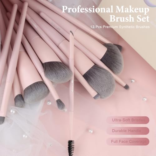 Lorvelane Matte Pink 12-Piece Professional Makeup Brush Set with Case