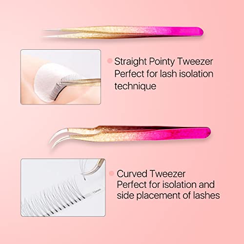 Straight and Curved Pointed Tweezers for Eyelash Extension, 2 PCS Lash Tweezer Set, Stainless Steel Professional Eyelash Extension Tweezers for Volume, Isolation and Classic Lashes
