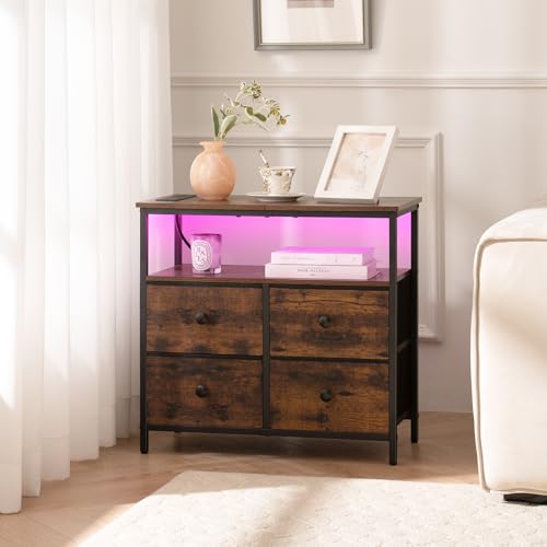 Yoobure Rustic Brown Nightstand with Charging Station & LED Light, 4 Drawers