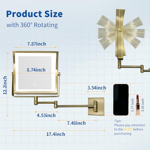 Ruacq Wall Mounted Makeup Mirror with Lights 1X/10X - Antique Brass
