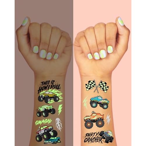 xo, Fetti Glow In The Dark Monster Truck Temporary Tattoos - 50 Foil Styles | Truck Birthday Party Decorations, Boys Pick Up Truck Party Favors, Race Car Temp Tats, Kids Arts and Crafts Supplies
