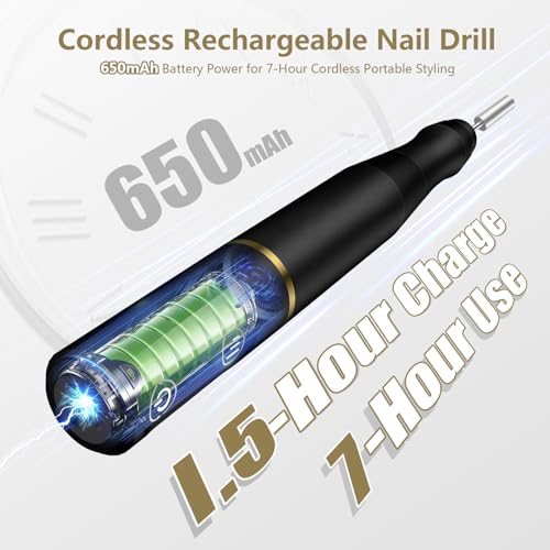 Cordless Nail Drill Electric Rechargeable File Kit, Professional Efile Acrylic Gel Nail Polish Remover Pedicure Manicure Machine Portable Set with 11 Bits 56 Sanding Bands for Salon Black