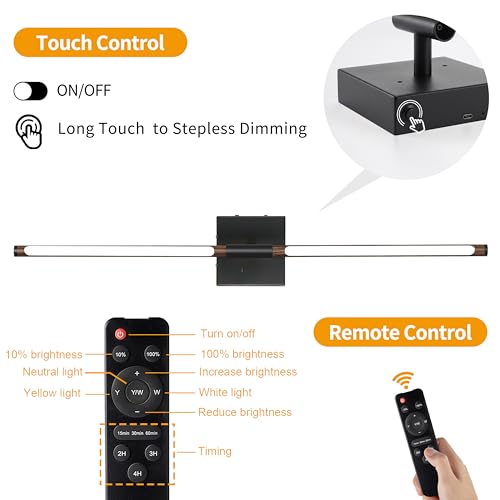 Walnut Black Battery Operated Wall Sconce Set of 2 - 24 Inch with Remote, Dimmable & Adjustable