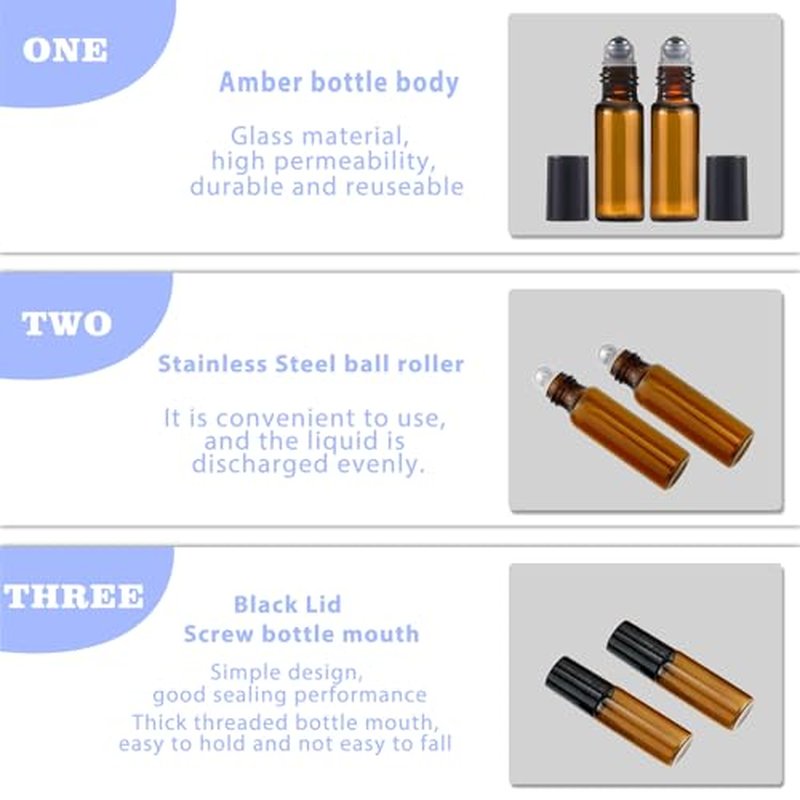 50Pcs Amber Glass Roller Bottles for Essential Oils 5ml Glass Roll on Bottles with Stainless Steel Roller Balls Mini Sample Vials Cosmetics Small Container (Amber, 5ml)