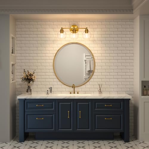 VONLUCE 3-Light Bathroom Vanity Light Fixture - Gold Finish, Modern Glass Shades, Dimmable