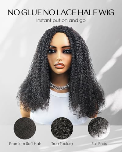 FACMOOD Kinky Curly Half Wig Human Hair 16 Inch 200% Density Glueless Headband Wig for Women - Beginner Friendly