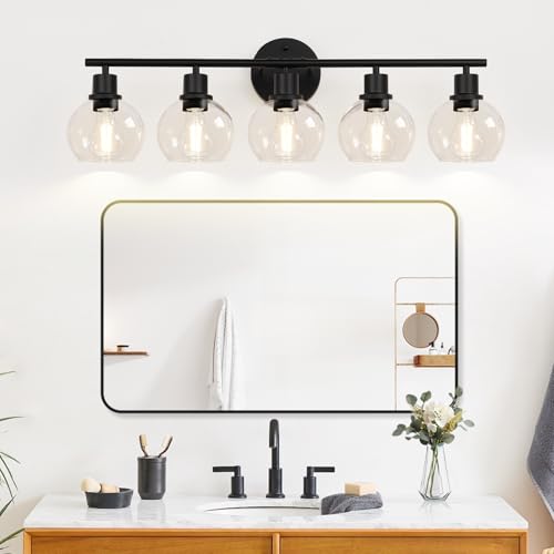Matte Black 5-Light Bathroom Vanity Light Fixture with Clear Glass Globes - Reversible Wall Sconce for Bathroom, Bedroom, Hallway, Living Room, Porch - Indoi