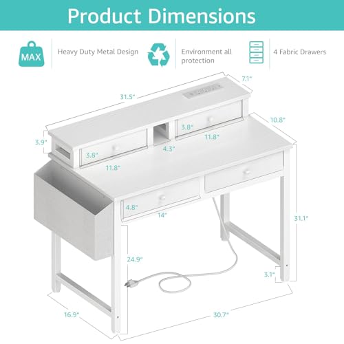 Kids White Desk with Fabric Drawers - 31.5 Inch Vanity & Study Table