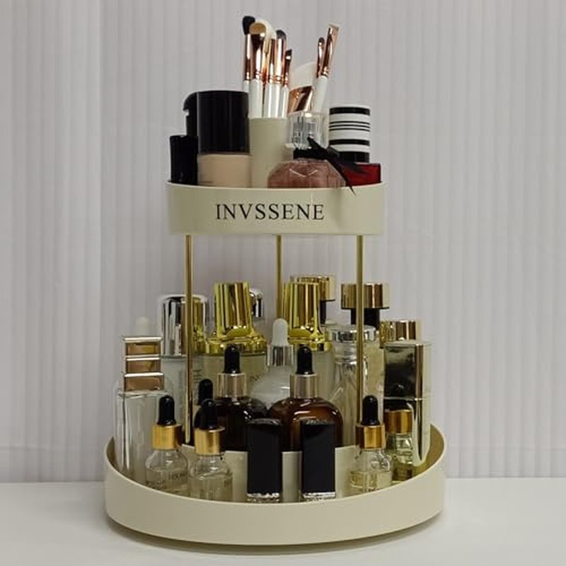 2 Tiers Rotating Makeup Organizer, Large Makeup Organizer for Vanity, Countertop Storage Shelf for Cosmetics, Skincare, Makeup Brush - Warm White