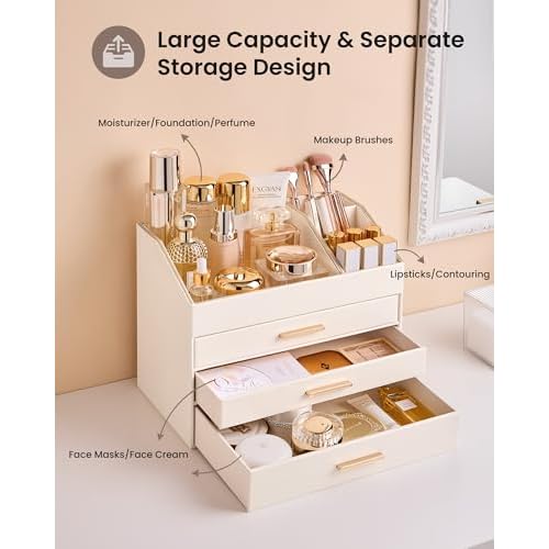 Lolalet PU Leather Makeup Organizer for Vanity Desk, 4-Layer Luxury Make Up Storage Cosmetics Holder Box with Drawers -Cream