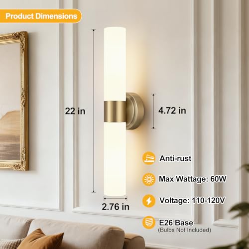 Brass & Milky White Glass Wall Sconces Set of 2 - 22 Inch Modern Bathroom & Bedroom Lighting