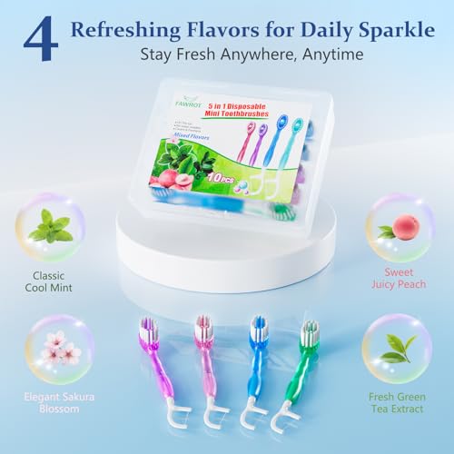 FAWROT 70 Pack 5-in-1 Mini Disposable Travel Toothbrush with Flavors & Tongue Scraper