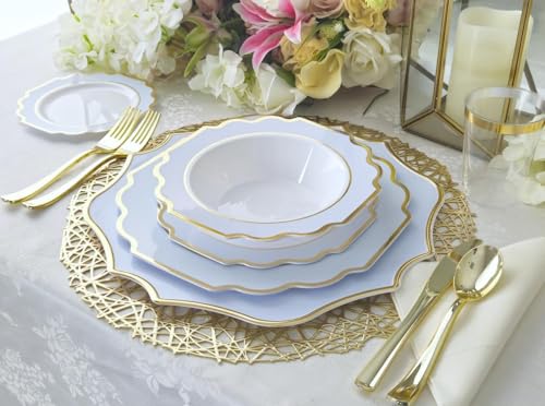 120 Pieces Disposable Plastic Dinner and Salad Plates Set - Imperial Blue & Gold, Heavyweight for Weddings & Parties