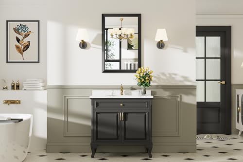 Black Metal Framed Bathroom Wall Mirror 24x36 Inch - Modern Vanity Mirror with Beveled Glass