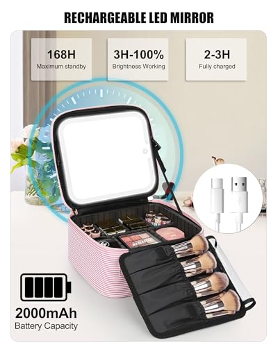 Relavel Travel Makeup Bag with LED Mirror - Detachable Dividers, Small Strip Variant