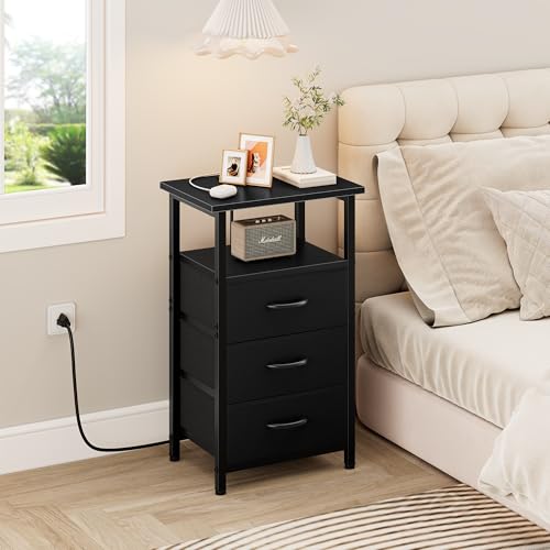 Nightstand Set of 2 with Charging Station - Bedside Table with USB Ports, Outlet & 3 Fabric Drawers (Black) (2 Pieces)