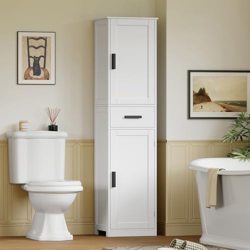 Tall Bathroom Cabinet - White, 67 Inch Storage Closet with 4 Shelves & 2 Doors