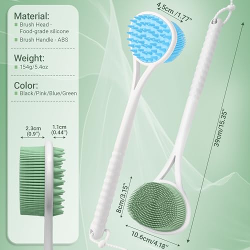 Silicone Back & Face Scrubber Set, 15.35¡¯¡¯ Soft Back Scrubber for Shower with Dual-Side Brush Head, Gentle Silicone Facial Scrubber Face Brush for Deep Lathering & Cleansing(Green-2PCS)