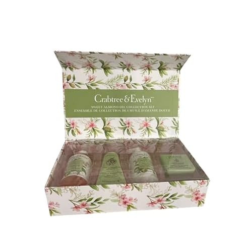 Crabtree & Evelyn Sweet Almond Oil Collection Set (Bath & Shower Gel 8.4 fl oz, Hand Therapy 3.5 oz, Body Lotion 8.4 fl oz, Bar Soap 3.5 oz)