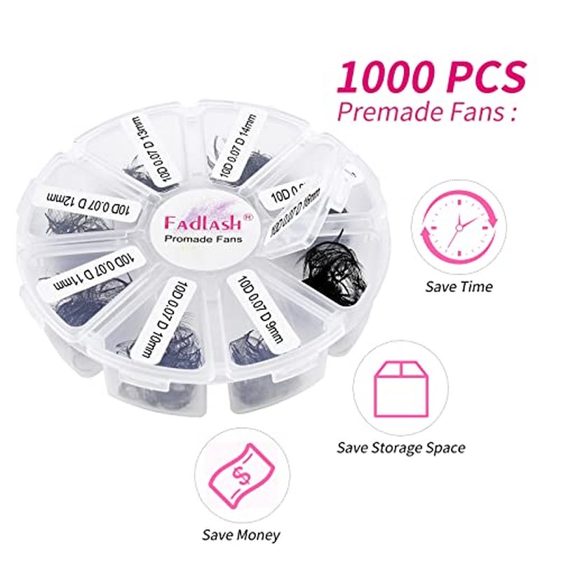 FADLASH 1000 Fans 10D Premade Volume Eyelash Extensions Mixed Tray Premade Fans Eyelash Extensions D Curl Premade Lash Fans Pointed Handmade Promade Loose Fans Thin Base (10D-0.07D,9-16mm)