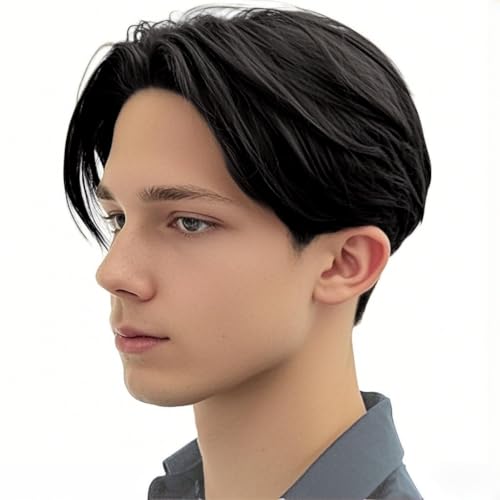 Mens Black Short Wig Middle Part Layered Straight Fluffy Hair for Male Daily Party Costume Cosplay Wear