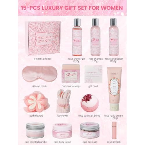 Spa Gifts for Women -15Pcs Self Care Set with Rose Bath & Body Essentials, Mother's Day/Thoughtful Day/Get Well Gifts/Birthday/Christmas/Bridal Shower Gift for Mom, Sister, Wife, Relaxing Home Spa Set