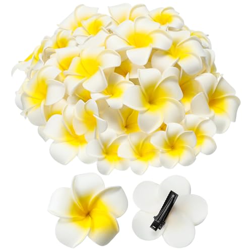 50 Pcs White Foam Hawaiian Plumeria Flower Clips - DIY Floral Wreath & Party Decorations