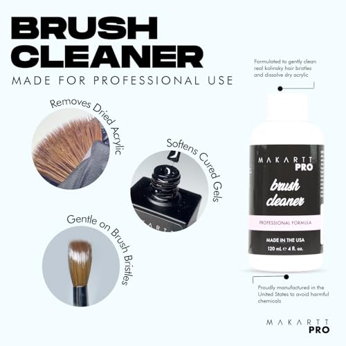 MakarttPro Brush Cleaner and Acrylic Kolinsky Brush Bundle - Size #12, Professional 100% Kolinsky Hair Acrylic Nail Brush with Acetone-Free Cleaner for Perfect Bead Control and Easy Maintenance
