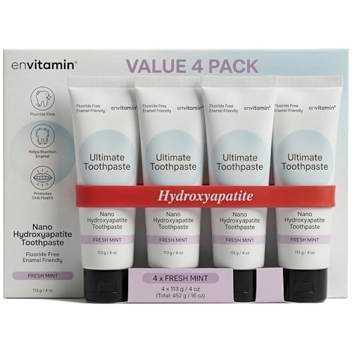 Envitamin Fluoride-Free Nano Hydroxyapatite Toothpaste for Sensitive Enamel Whitening - Fresh Mint, 4 oz Pack of 4
