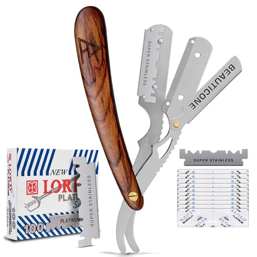 BEAUTICONE Straight Razors for Men, Straight Edge Razor, 100 Single Edge Blades, Stainless Steel, Barber Razor for Men's Shaving, Barber Shaving Knife, Wooden, Swinglock