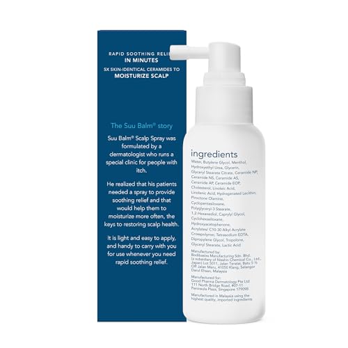 Suu Balm Cooling Scalp Spray for Itchy and Flaky Skin Relief, Moisturizer with Ceramides and Menthol, 1.35 fl oz