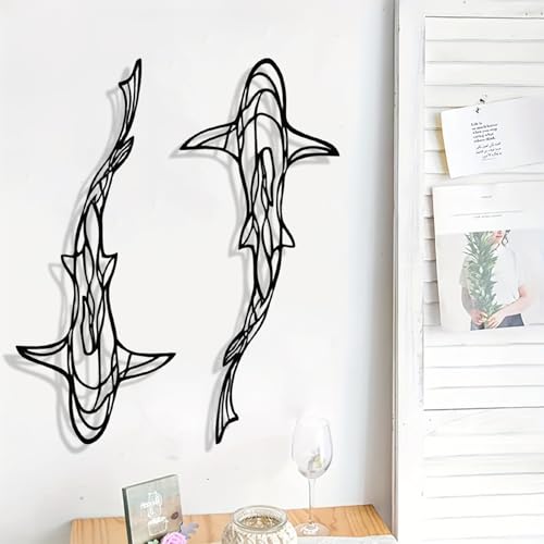 Large 3D Metal Shark Wall Decor Set - Ocean Fish Wall Art, Black, 2 Pieces