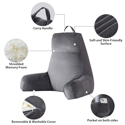 IPYNBAP Reading Pillow for Bed - 24 Inch Grey Backrest Support with Arms & Storage - Large