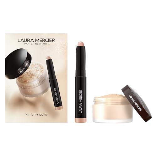 Laura Mercier Translucent Loose Setting Powder Mini with Rosegold Caviar Stick Gift Set, Vitamin-Infused, 24HR Shine Control