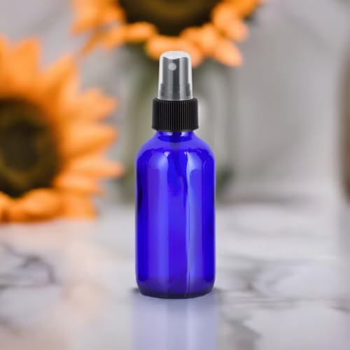 12 Pack 4 oz Blue Glass Spray Bottles with Fine Mist Pump - Refillable & UV Protected